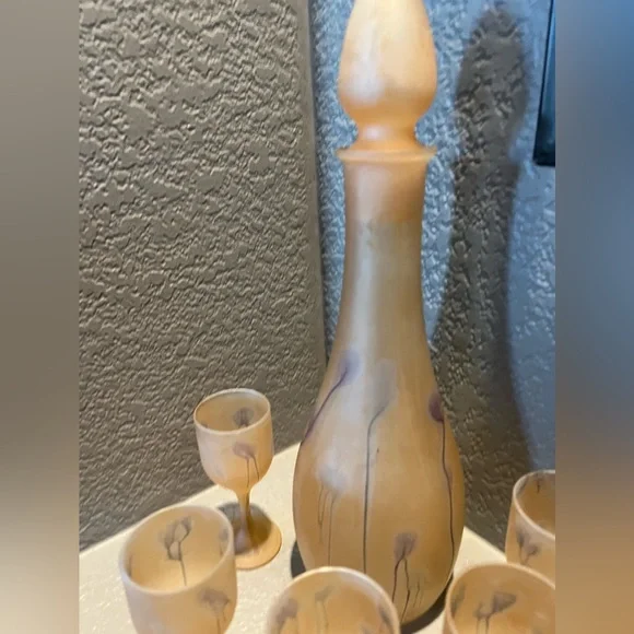 Vintage  7 Pc Rueven Nouveau Art Glass Frosted Wine Water Decanter & glasses - Picture 7 of 8